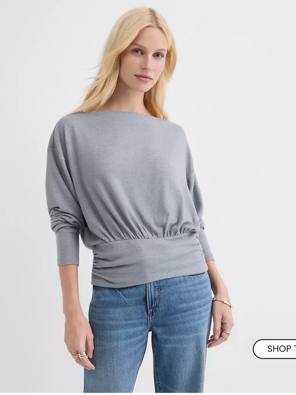 LOFT Heather Gray Long Sleeve Gathered Waist Top